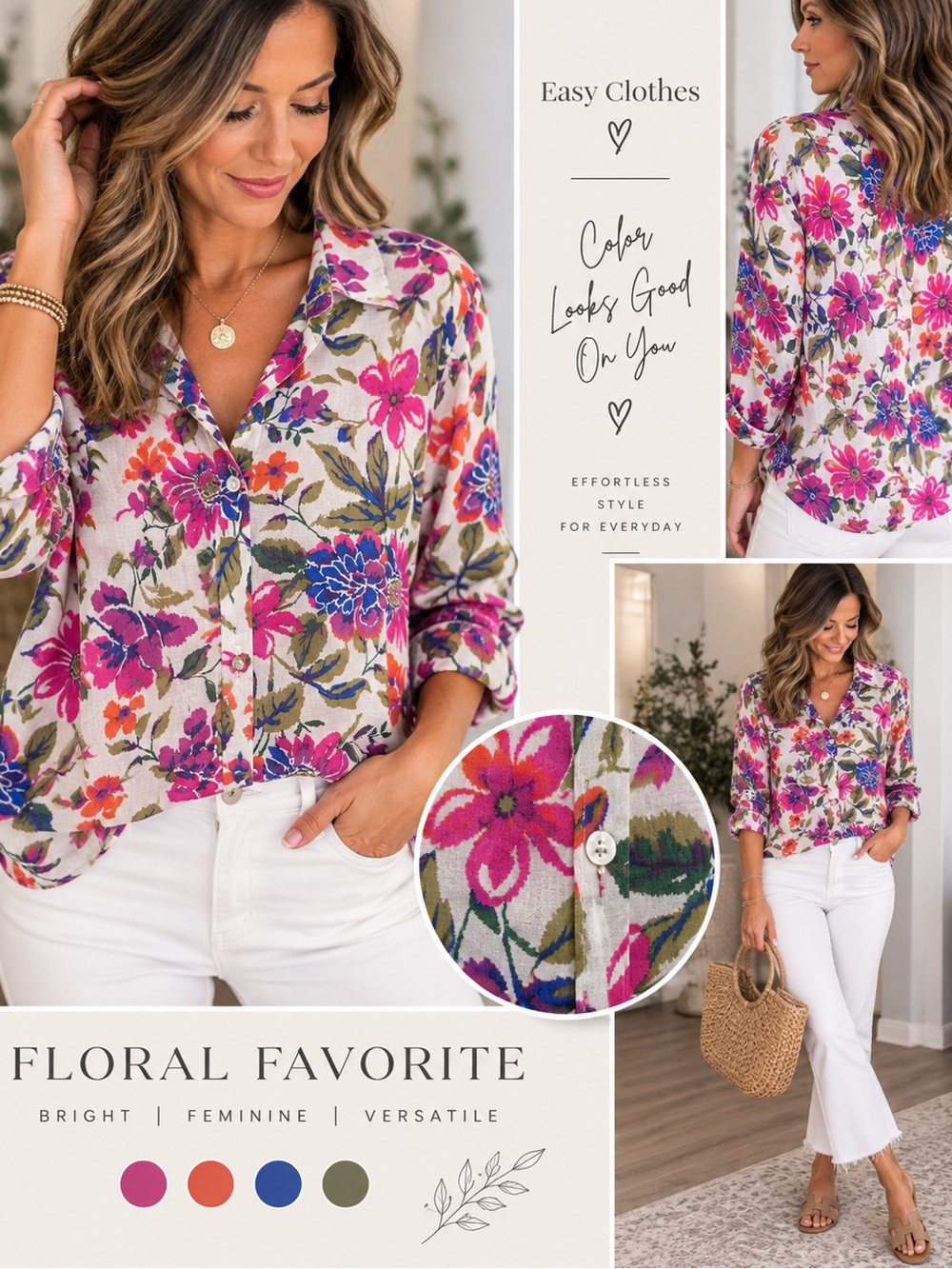 Easy Clothes Floral Button Down Blouse Top Size M NWT